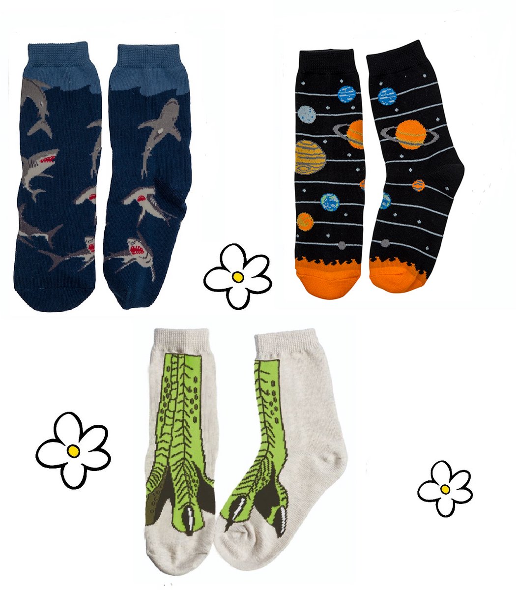 Nature Planet - Set van 3 schattige kindersokken - haai - heelal - t -rex poot (100% Oeko-tex gecertificeerd) maat 23-28