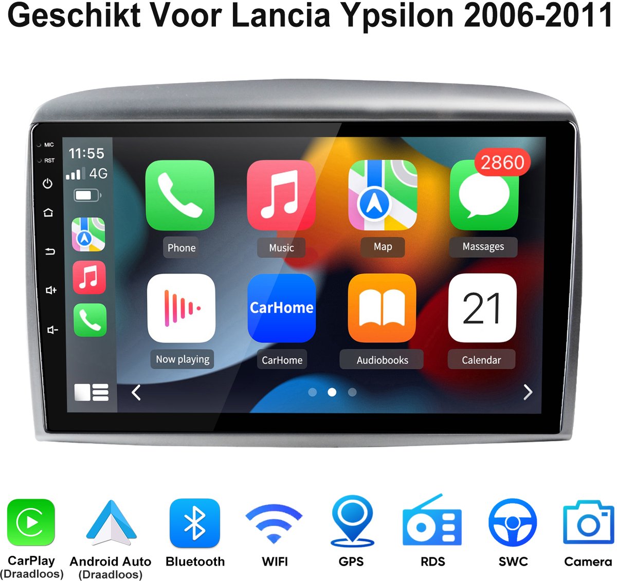 Junsun Android 15 CarPlay Autoradio met Bluetooth Geschikt Voor Lancia Ypsilon 2006-2011 - Draadloze Carplay & Andriod Auto - Bluetooth - GPS Multimedia Navigatiesystem - 9-inch Touchscreen - Stuurwiel bediening - WiFi - DSP