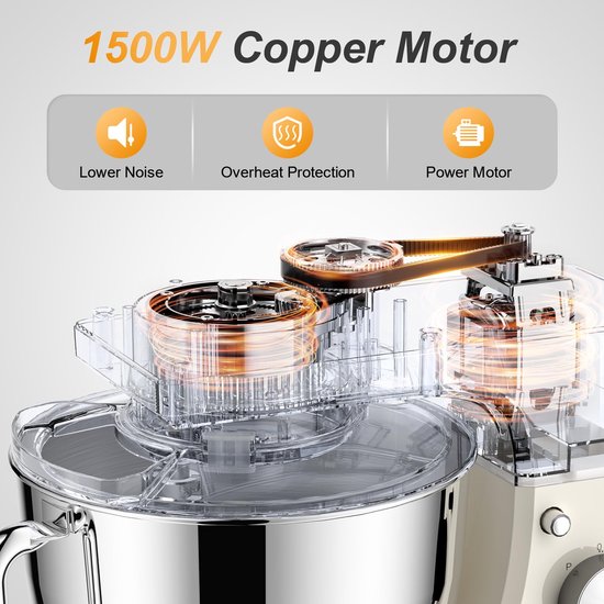 SnelShoppen - Stand Mixer Wit - 5.5L Keukenmachine met 6 Snelheden en Kneedhaak voor Bakken, Mixen, Kloppen, Perfect voor Taarten en Brood van Snelshoppen — afbeelding 4