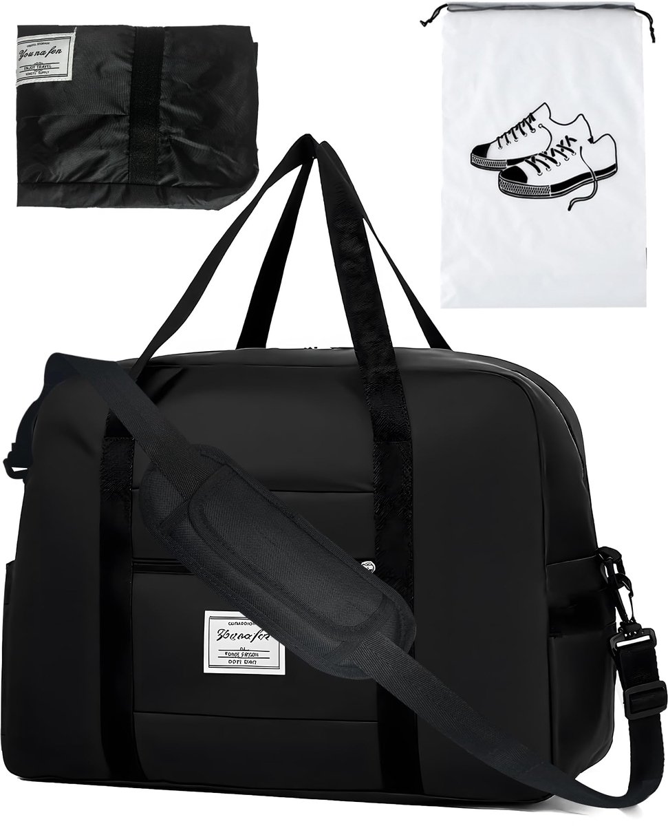 SnelShoppen - Grote Opvouwbare Handbagagetas voor Vliegtuig, Reistas, Sporttas, Weekendhandbagage, Koffer voor Heren en Dames, 30 Liter, Zwart, 48x36x