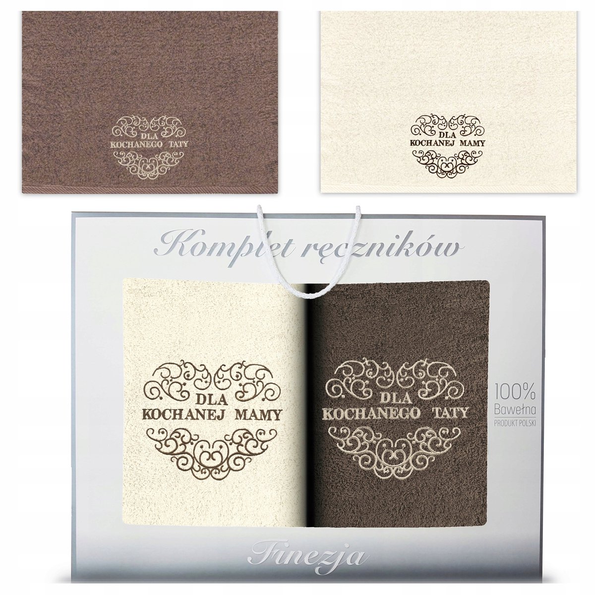 KONEY - Handdoekenset 2-delig - 2 x 70 x 140 cm - Ecru, Bruin - met borduring Mama & Papa - in geschenkdoos