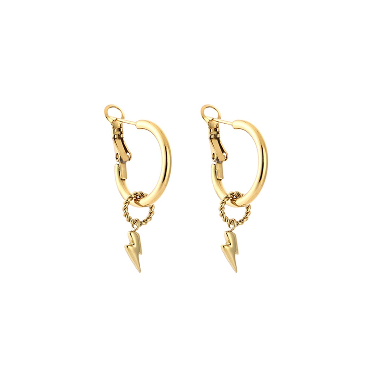 Stainless Steel Lightning Bolt Charm Hoops – Luxe Bliksem Hanger Oorringen 3,5 cm – RVS - Goud