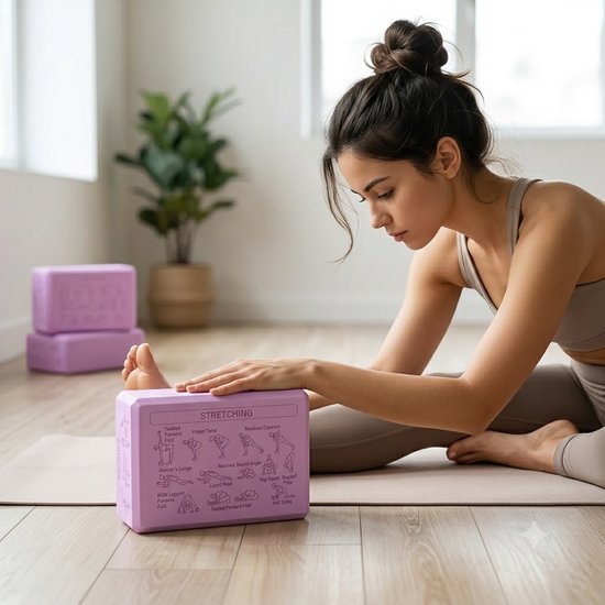 Roze Pilates blokken yoga blokken set unisex 2 delig EVA schuim antislip yogablokken met yogahouding gids op 6 zijden afgeschuinde randen voor yoga pilates meditatie stretching en balans — afbeelding 5