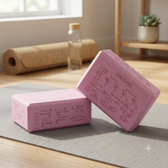 Roze Pilates blokken yoga blokken set unisex 2 delig EVA schuim antislip yogablokken met yogahouding gids op 6 zijden afgeschuinde randen voor yoga pilates meditatie stretching en balans — afbeelding 3