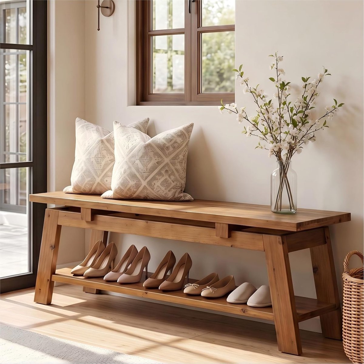 Tribesigns Massief Halbank - Schoenenbank - 2-laags houten Schoenenbank - Tweelaagse Halbank - Houten Schoenenbank voor gang, eetkamer, woonkamer - Bruin - 140 x 35 x 45 cm