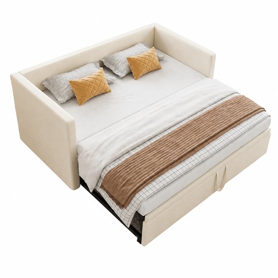 Crème slaapbank opgemaakt als bed met gestreepte plaid, twee grijze en twee gele kussens.