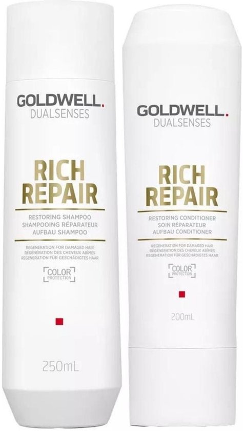 Twee witte flacons van Goldwell Dualsenses. De linker is een shampoo van 250ml, de rechter een conditioner van 200ml. Beide met gouden letters 'Rich Repair'.