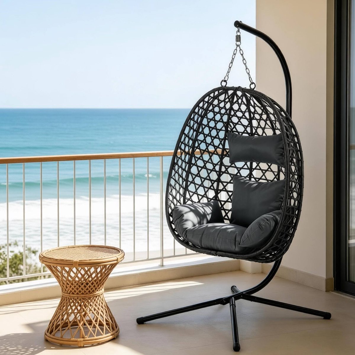 OKWISH Schommelstoel 105 x 105 x 195 cm - In Hoogte Verstelbaar En 360° Schommelend - Voor Balkon, Terras Of Woonkamer - Rotan En Metaal - Donkergrijs