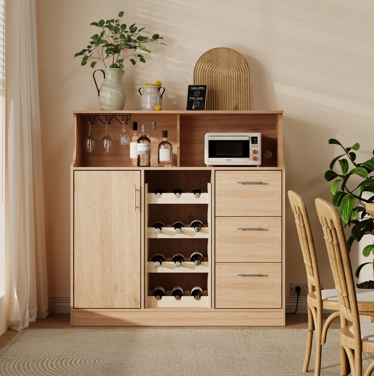 DESMIU Dressoir - Met Led, Stopcontact, Wijnrek En Glashouder - Voor Eetkamer, Keuken En Thuisbar - MDF - 120x40x121 Cm - Naturel Wit