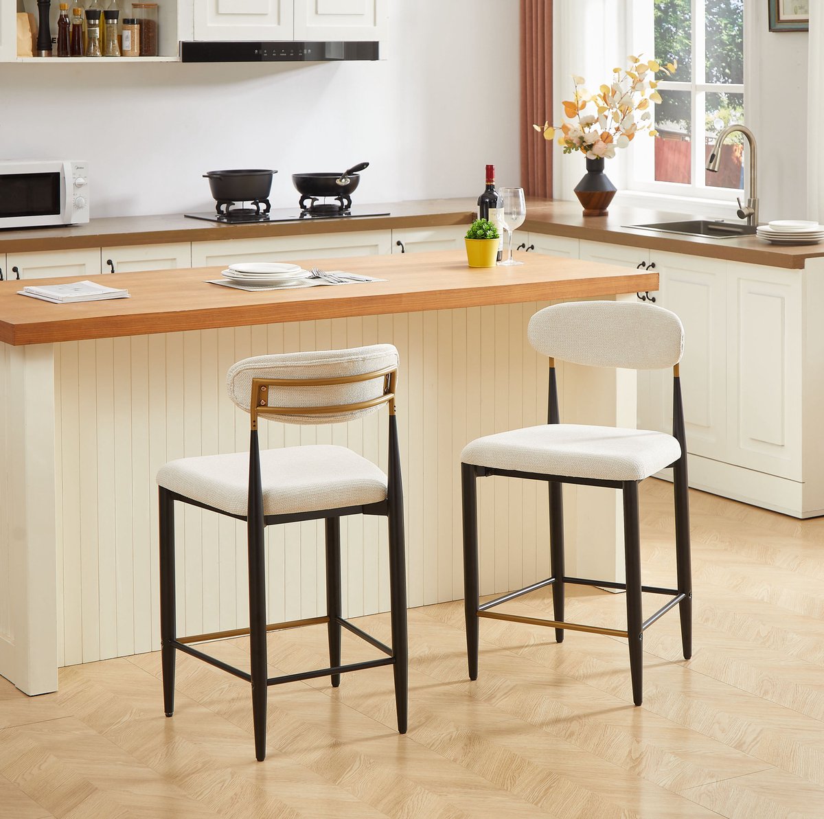 COVREO Barkruk 51x50x94 cm - beige stof, metalen frame, set van 2 met rugleuning