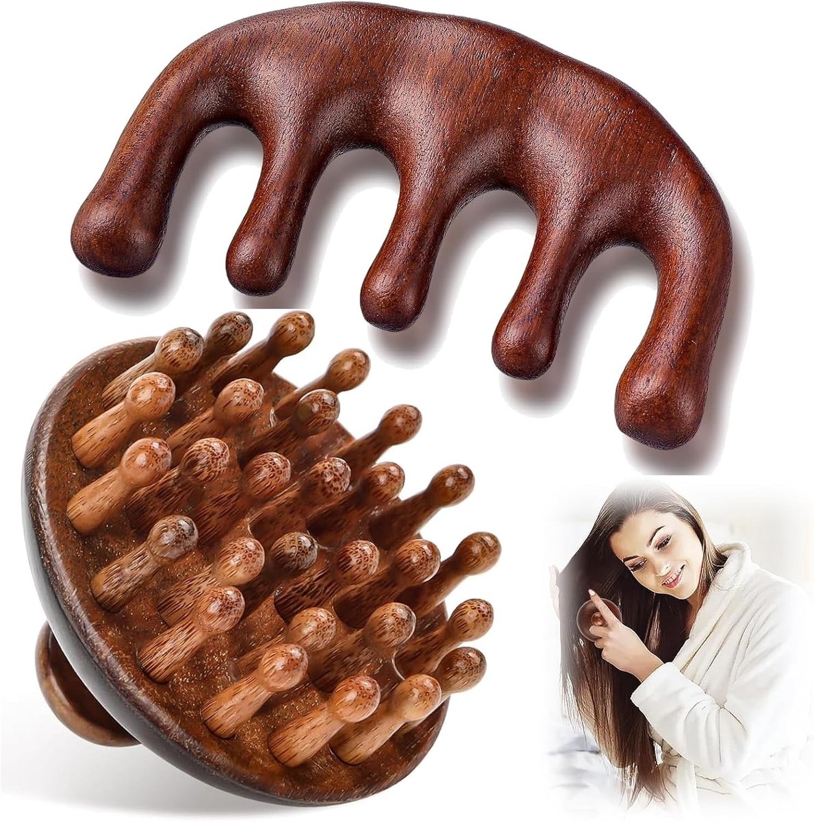 Hoofdmassagekam van natuurlijk sandelhout met brede tanden - 2 stuks, ideale hoofdmassagestimulator voor ontspanning en welzijn