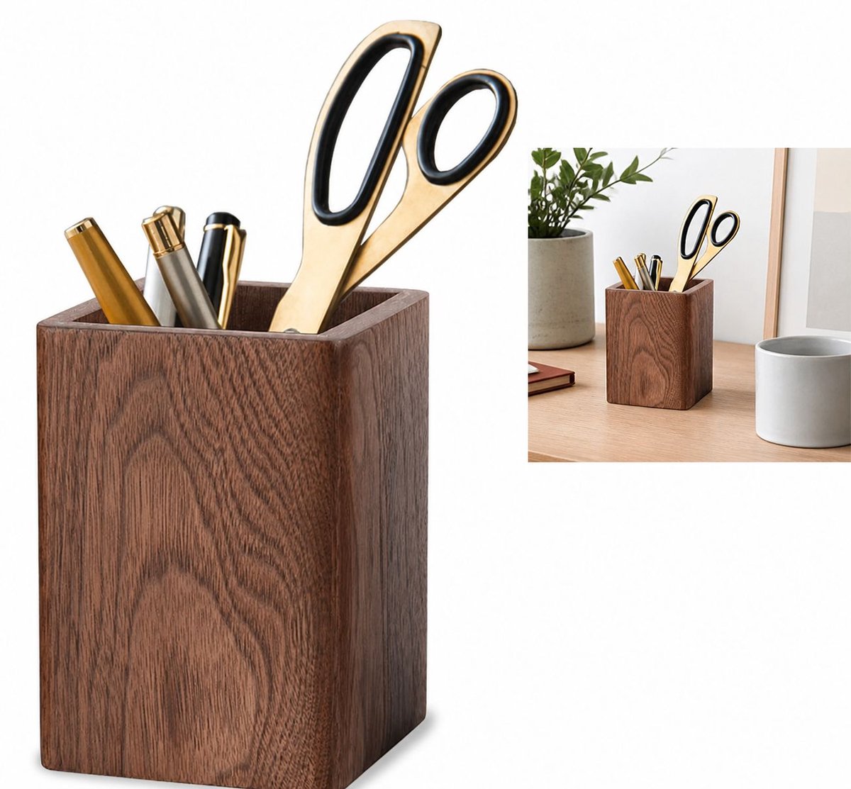 VHV - Pennenhouder Hout - Massief Zwart Walnoothout 8 x 8 x 10,5 cm - Handgemaakte Bureau Organizer met 1 Vak