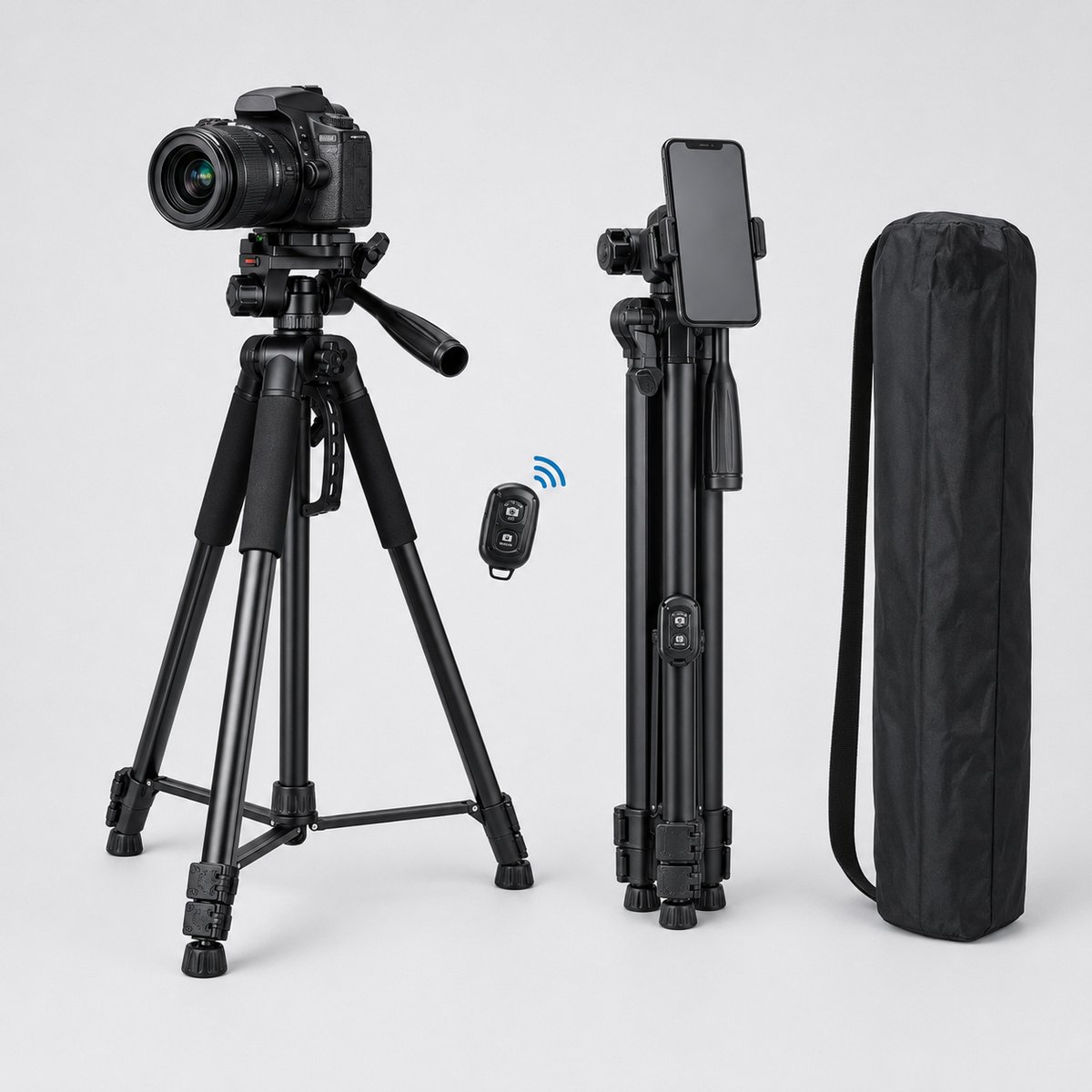 Camera statief - telefoon statief - 170 cm - Incl. Bluetooth Afstandsbediening - tripod smartphone - Professioneel Tripod Statief voor Camera, Smartphone en Ringlamp - Zwart