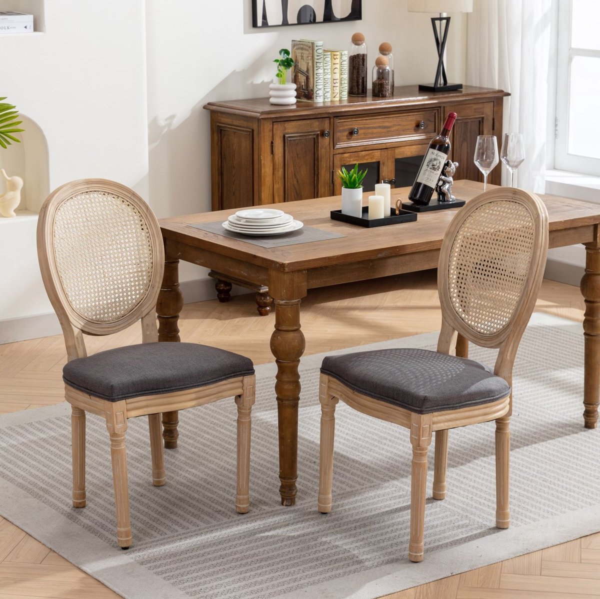 MEUNIQ Franse eetkamerstoel set van 2 met rotan rugleuning, linnen bekleding, massief houten frame en antiek geschilderde afwerking, grijs