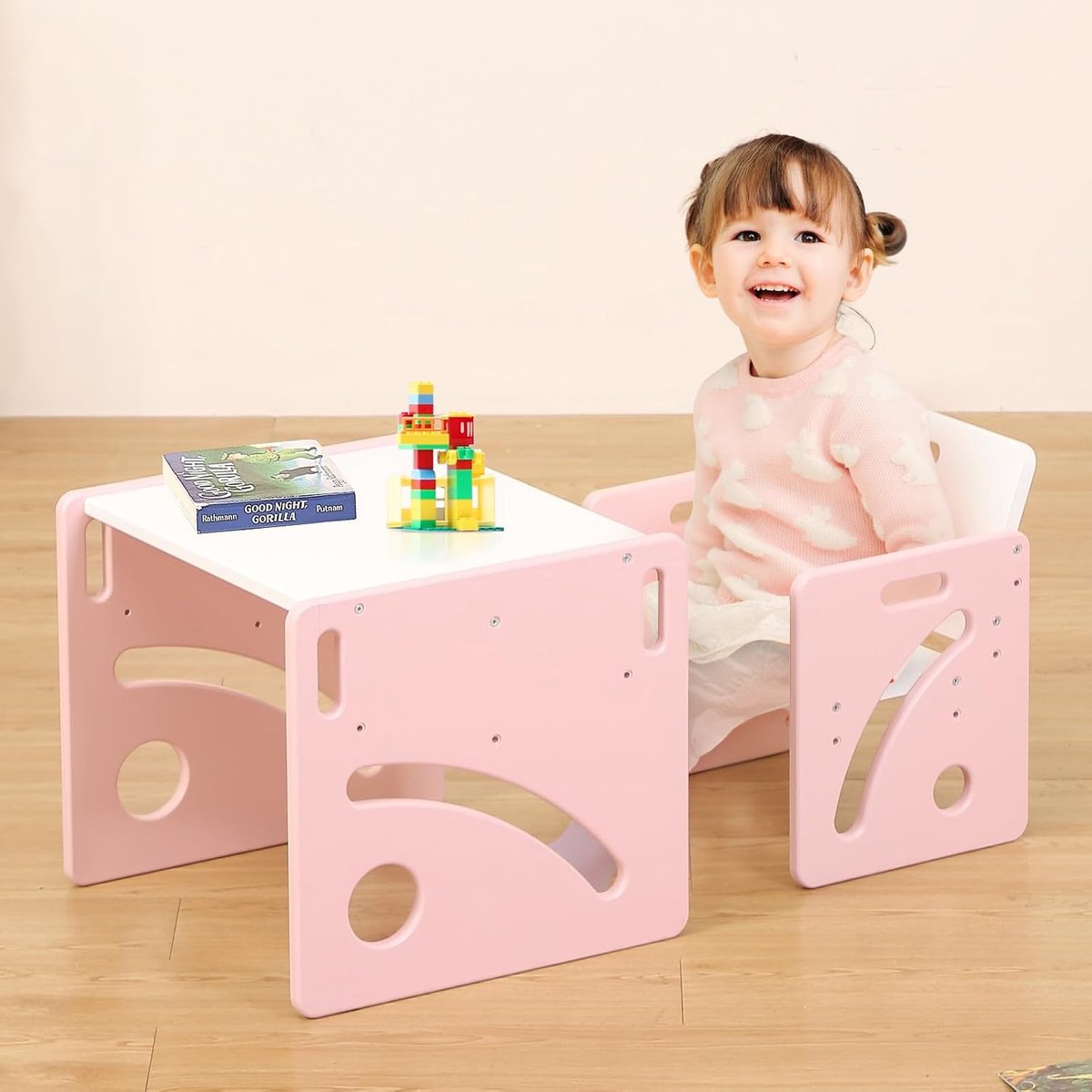 SnelShoppen - Montessori Kindertafel en Stoelset voor Kinderen, Hoogte Verstelbaar, Roze, Perfect voor Speelkamer, Tuin en Creatieve Activiteiten