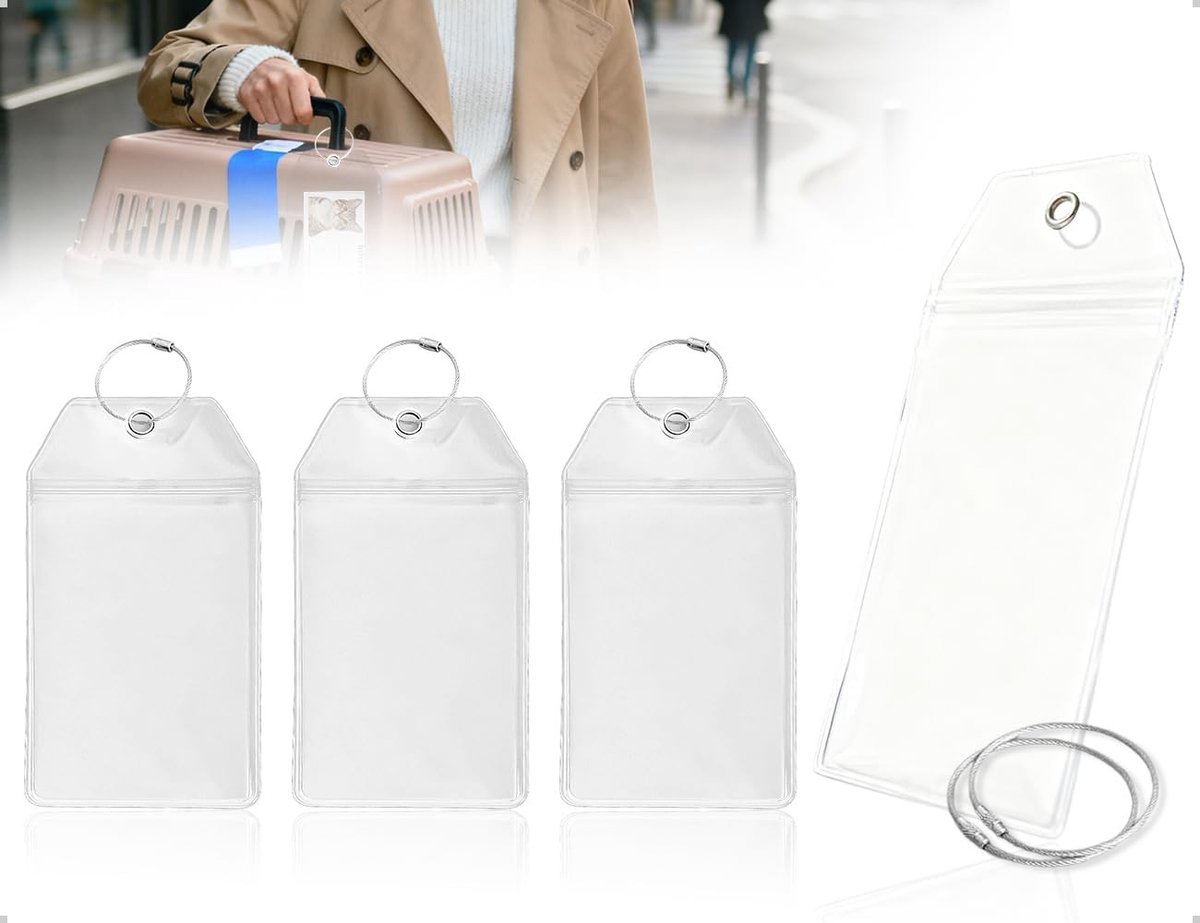 Set van 3 waterdichte bagagelabels voor cruises en vliegtuigen, transparant met metalen band, ideaal voor reizen