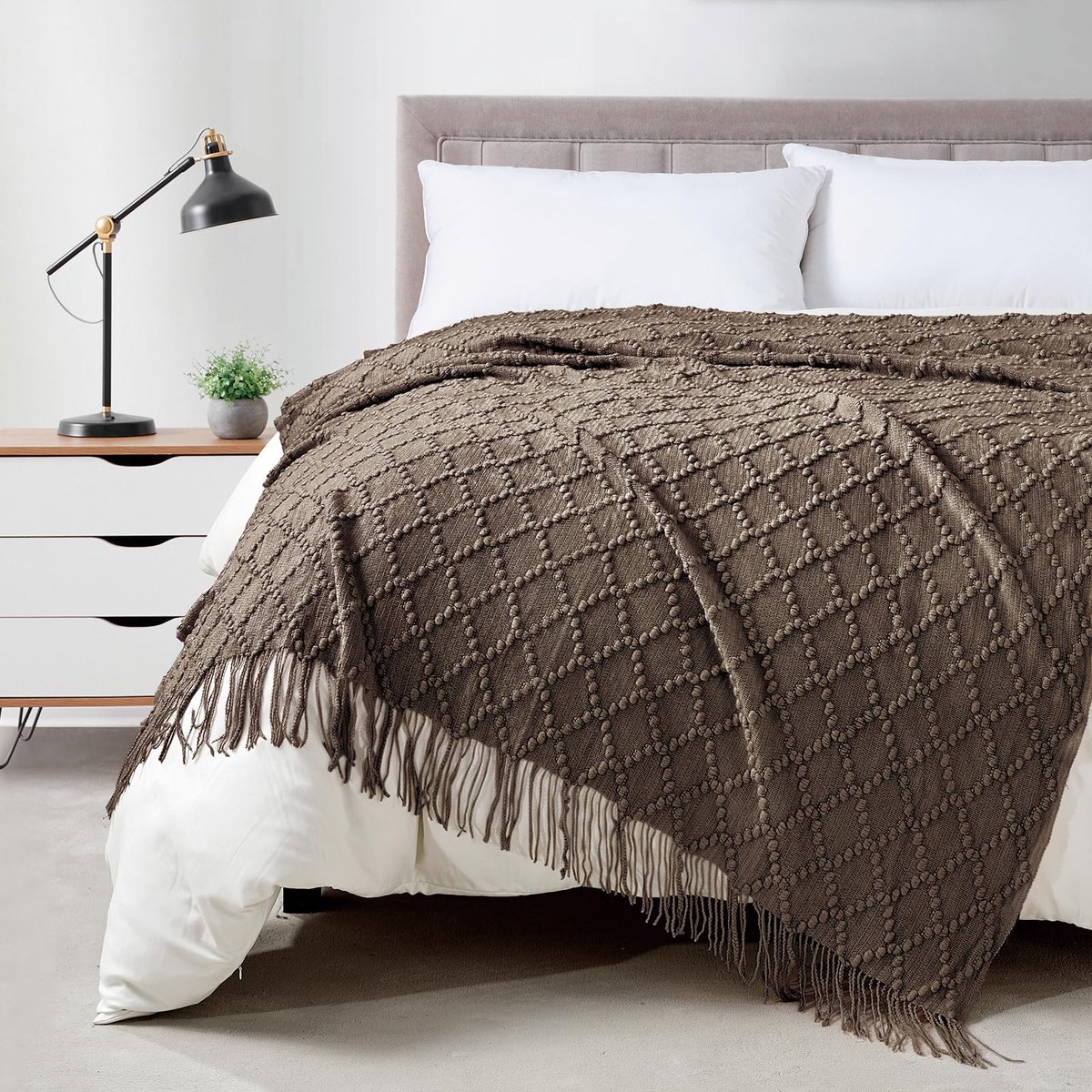 SnelShoppen - Bruine Plaid 50 x 70 Inch Jacquard Gooi Gebreide Deken - Warm en Comfortabel voor Huiskamer, Tuin, Camping, Feest, Kinderen