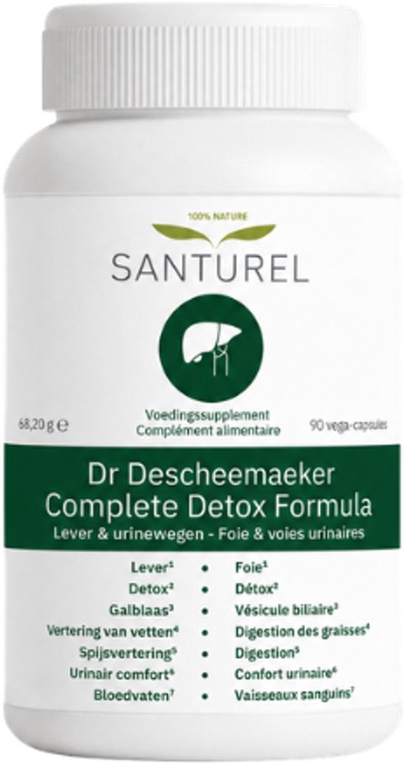 Witte pot met groene en witte letters. Santurel Dr. Descheemaeker Complete Detox Formula. 90 vega-capsules.