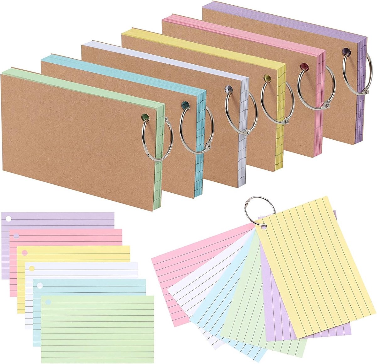 300 Revisiekaarten in 6 Pakketten met Ringband, Multi-Kleurige Kraft Kaarten voor Notities, Taalstudie en Studiehulp, 12.5 x 7.5 cm