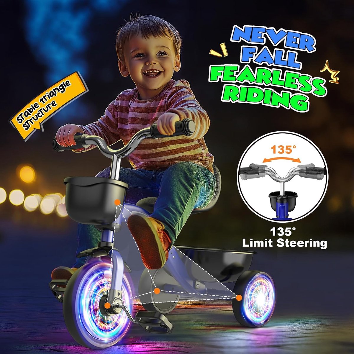 SnelShoppen - Trike Voor Kinderen 1-5 Jaar - Verstelbare Zadel, Veiligheid, Licht Effecten, Zwart, Ideaal Voor Buiten Spelletjes