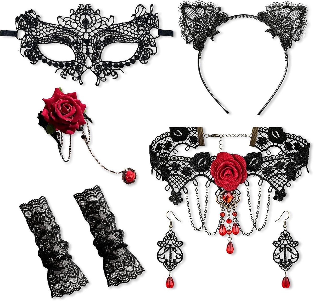Gothic Halsketting Set met Rode Accessoires, Choker, Oorbellen en Handschoenen voor Halloween en Punk Kostuum