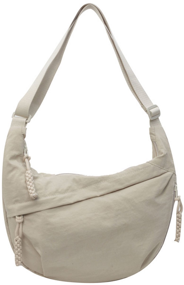 Dames Nylon Halve Maan Tas - Grote Crossbodytas en Schoudertas - Lichtgewicht Festivaltas - Verstelbare Schouderriem - Beige