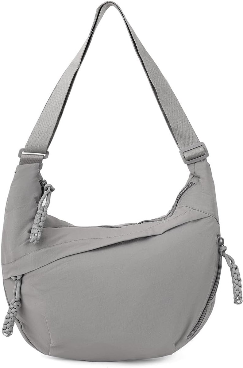 Dames Nylon Halve Maan Tas - Grote Crossbodytas en Schoudertas - Lichtgewicht Festivaltas - Verstelbare Schouderriem - Grijs