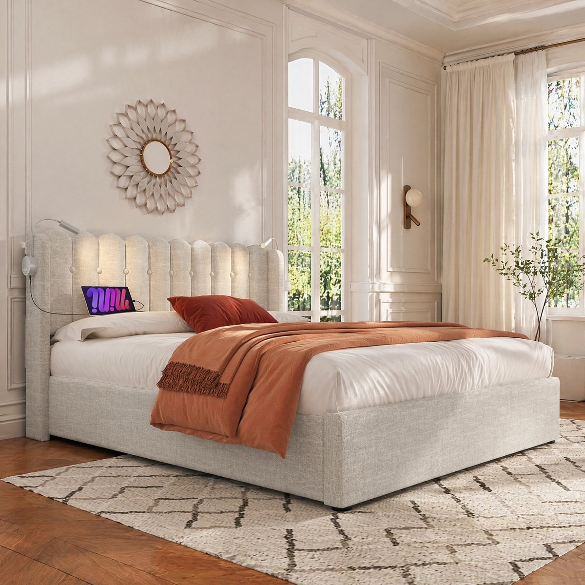 COVREO Bedframe 140x200 cm naturel, stof, leeslamp, zonder matras Natural