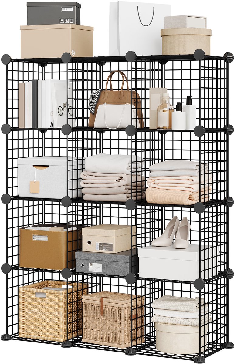 Triumpunpre Opbergrek 12 Vakken – Modulair Grid Rek, Stapelbaar & Ruimtebesparend – voor Schoenen, Kleding, Boeken & Accessoires – Slaapkamer, Hal & Kantoor – 94 x 32 x 125 cm – Zwart