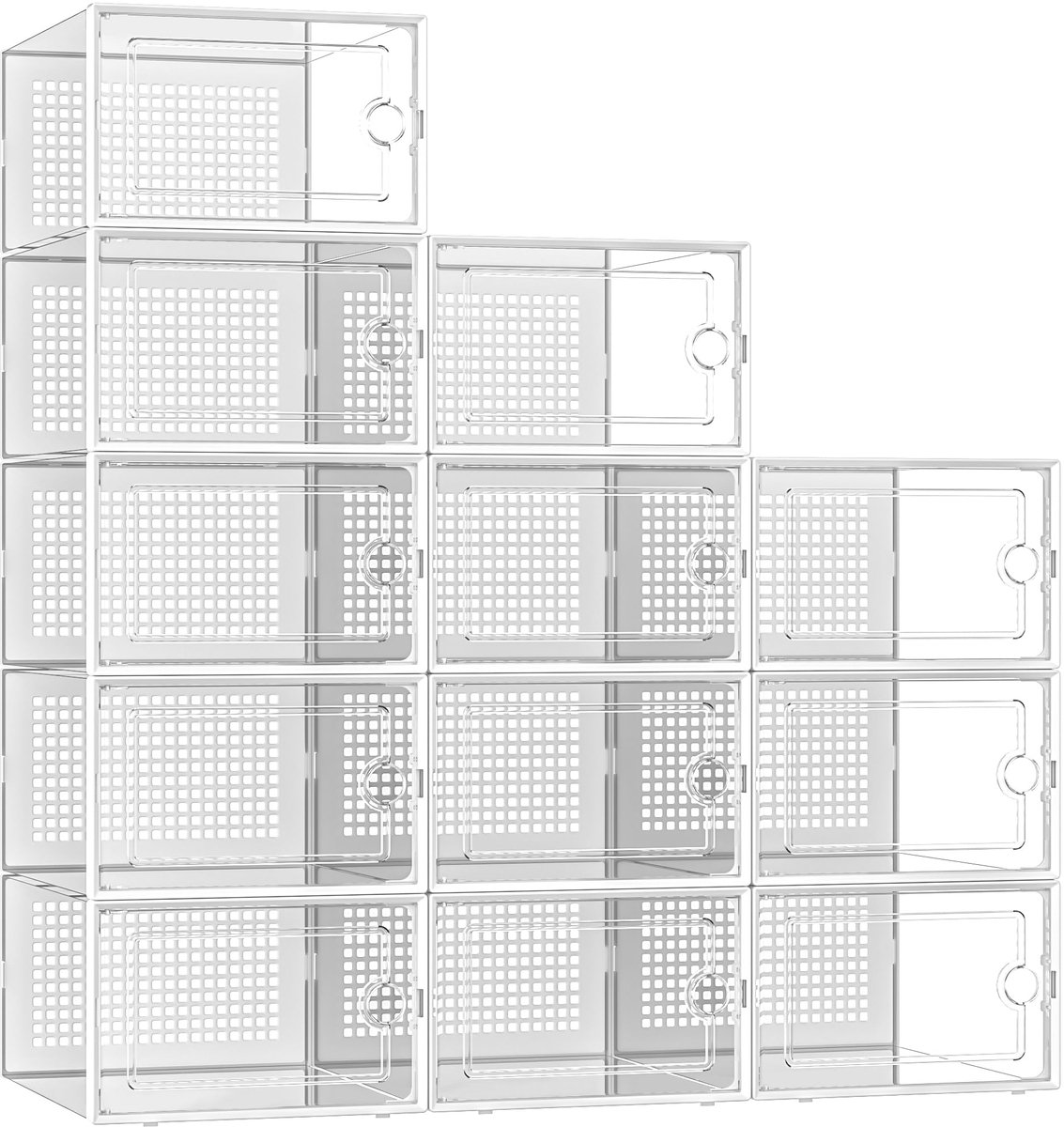 Schoenen Opbergsysteem met 12 Transparante Opbergboxen - Stapelbare Schoen Opbergdozen met Deksel en Ventilatie - Ruimtebesparend Alternatief voor Schoenenrek - Hal en Kledingkast