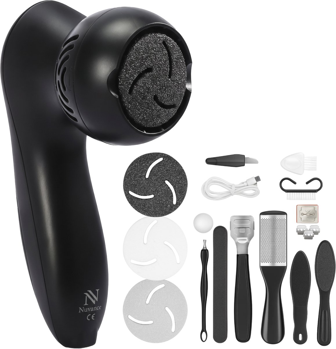 Bol.com Nuvance Elektrische Eeltverwijderaar - Incl. 3 Schijven - Eeltverwijderaars - 12 Delige Pedicureset - Voetvijl - Usb Opl... aanbieding
