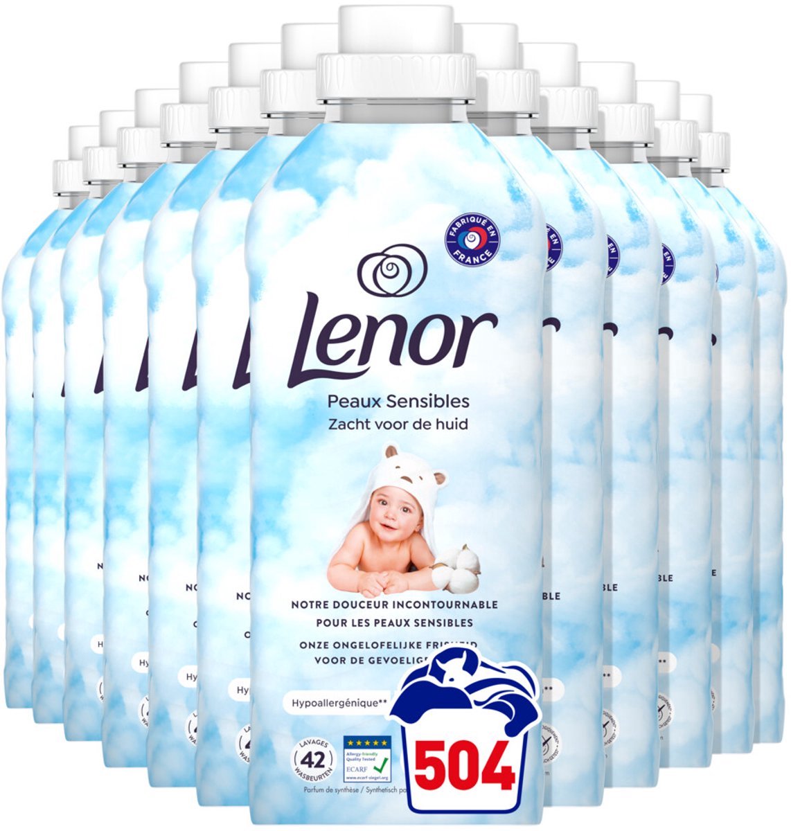 12 x Lenor – Wasverzachter – Sensitive – 42 Wasbeurten - 882 ml - Gevoelige Huid - Wasverzachter - Hypoallergen - Milde Wasverzachter - Dermatologisch Getest