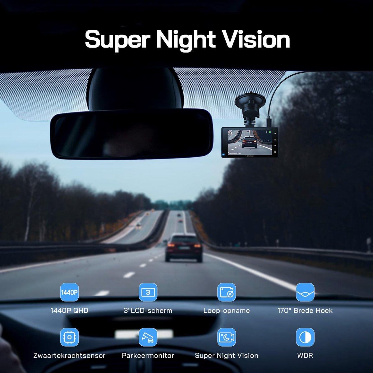 SnelShoppen - Dash Cam Voor en Achter 2.5K, 3.0" LCD, Super Nachzicht, Loopopname, G-sensor, 170° Groothoek HDR, Parkeerbewaking