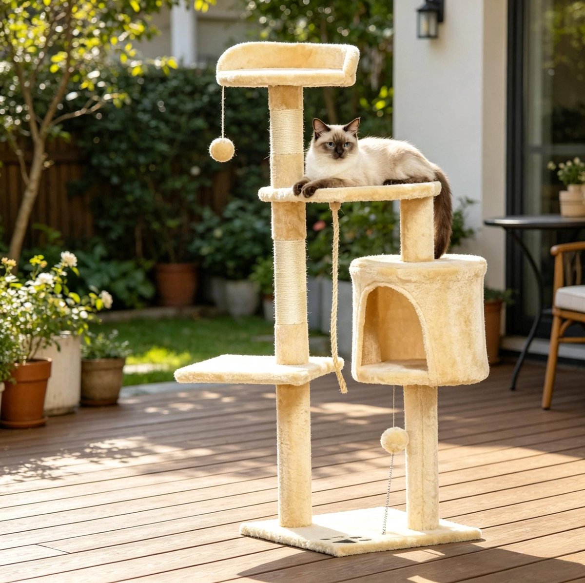 Kattenkrabpaal Speelparadijs – 4 Lagen Met Huisje En Hangmat – 40 X 40 X 114 Cm – Pluche En Sisal – Beige – Voor Klimmen, Krabben En Rust