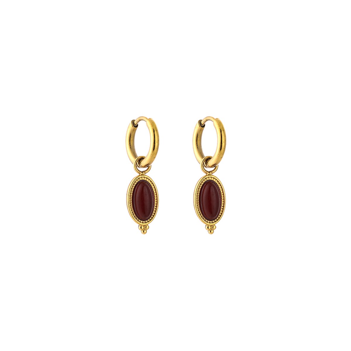 Stainless Steel Boho Oval Natural Stone Charm Hoops – Luxe Boho Natuursteen Oorringen – RVS - Rood