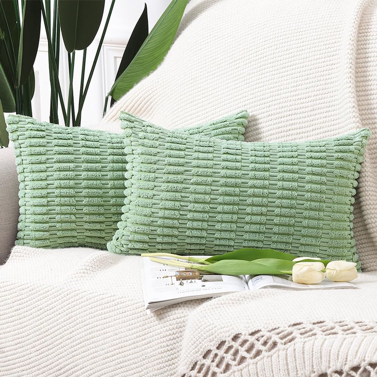SnelShoppen - Set van 2 Boho Gestreepte Corduroy Kussenhoezen Zacht Decoratief Kussen Case voor Bank Slaapkamer 30x50cm Groen