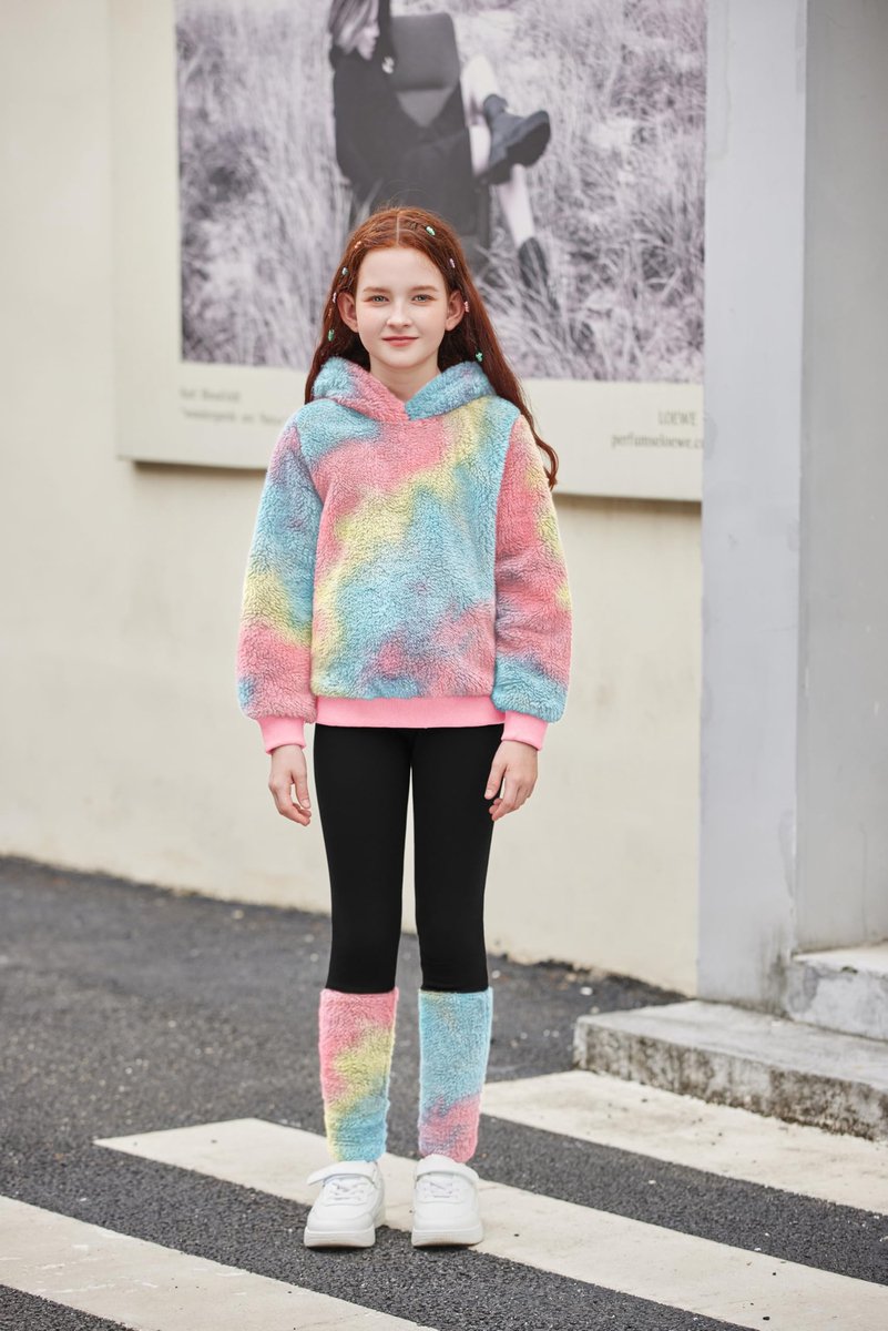 SnelShoppen - Meisjes Kledingsets Winter Hoodie met Leggings - Warm Gewatteerde Twee-Delige Outfit voor Kinderen 5-14 Jaar, Regenboog, 11-12 Jaar