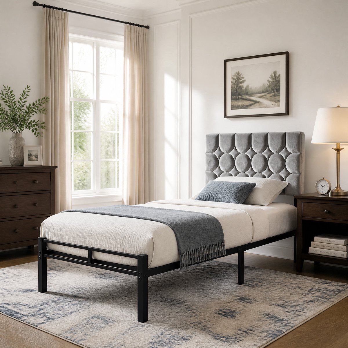 Auralum max KUTAS Eenpersoonsbed 90 x 200 cm - Gestoffeerd Bedframe - Metalen Frame - 32 cm Vrije Ruimte Onder Het Bed - Lattenbodem - Grijs