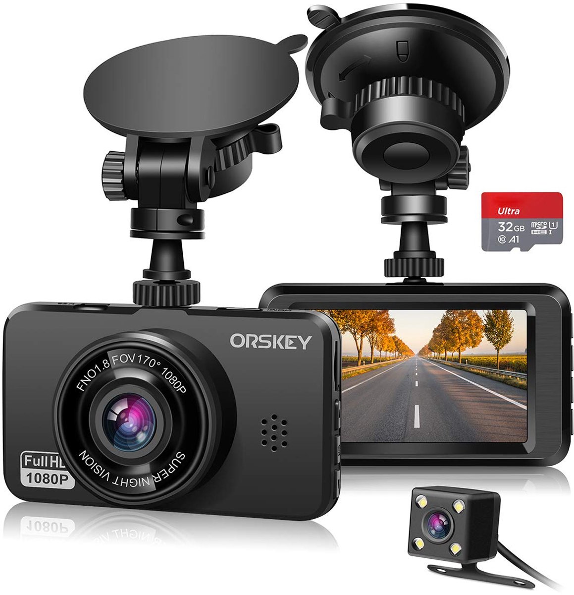 SnelShoppen - ORSKEY Dashcam voor Auto's Voor en Achter met Dubbele Lens 1080P Full HD, 170° Groothoek, SD-kaart Inbegrepen, G-sensor en Lusopnamemodu