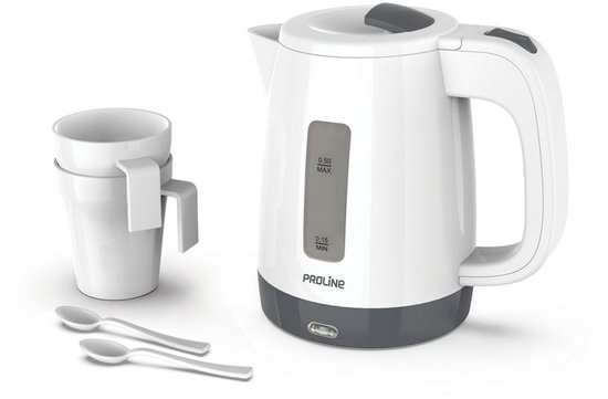 Witte Proline waterkoker met twee witte mokken en twee witte lepels.