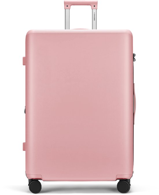 Valise rose avec poignée rétractable et roues, sur fond blanc.