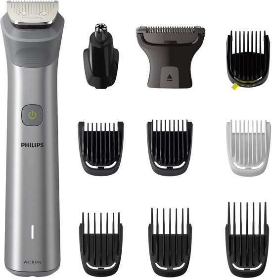 Philips lichtgrijze multigroom met accessoires: trimmer, neustrimmer, 3 opzetkammen voor baard en haar, 4 opzetkammen voor lichaam en 2 voor wenkbrauwen.