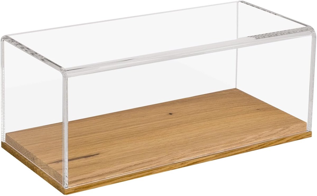 SnelShoppen - Acryl Display Cabinet met Houten Basis voor Modelauto's, 27 x 12 x 11 cm, Transparant, Stofdicht en UV-Bestendig