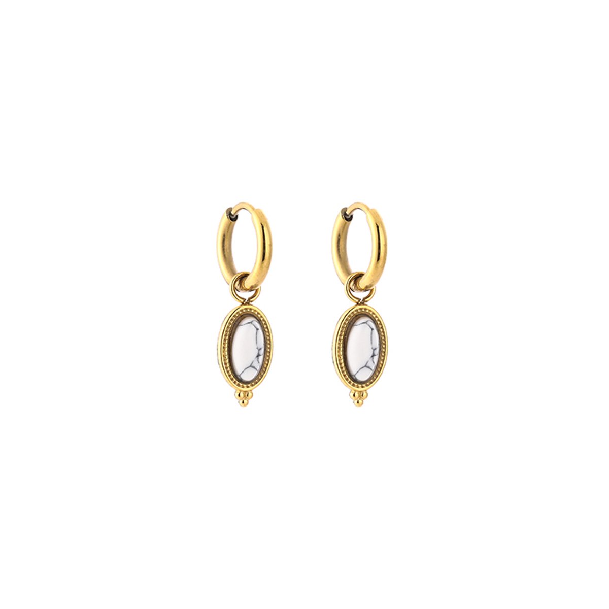Stainless Steel Boho Oval Natural Stone Charm Hoops – Luxe Boho Natuursteen Oorringen – RVS - Wit