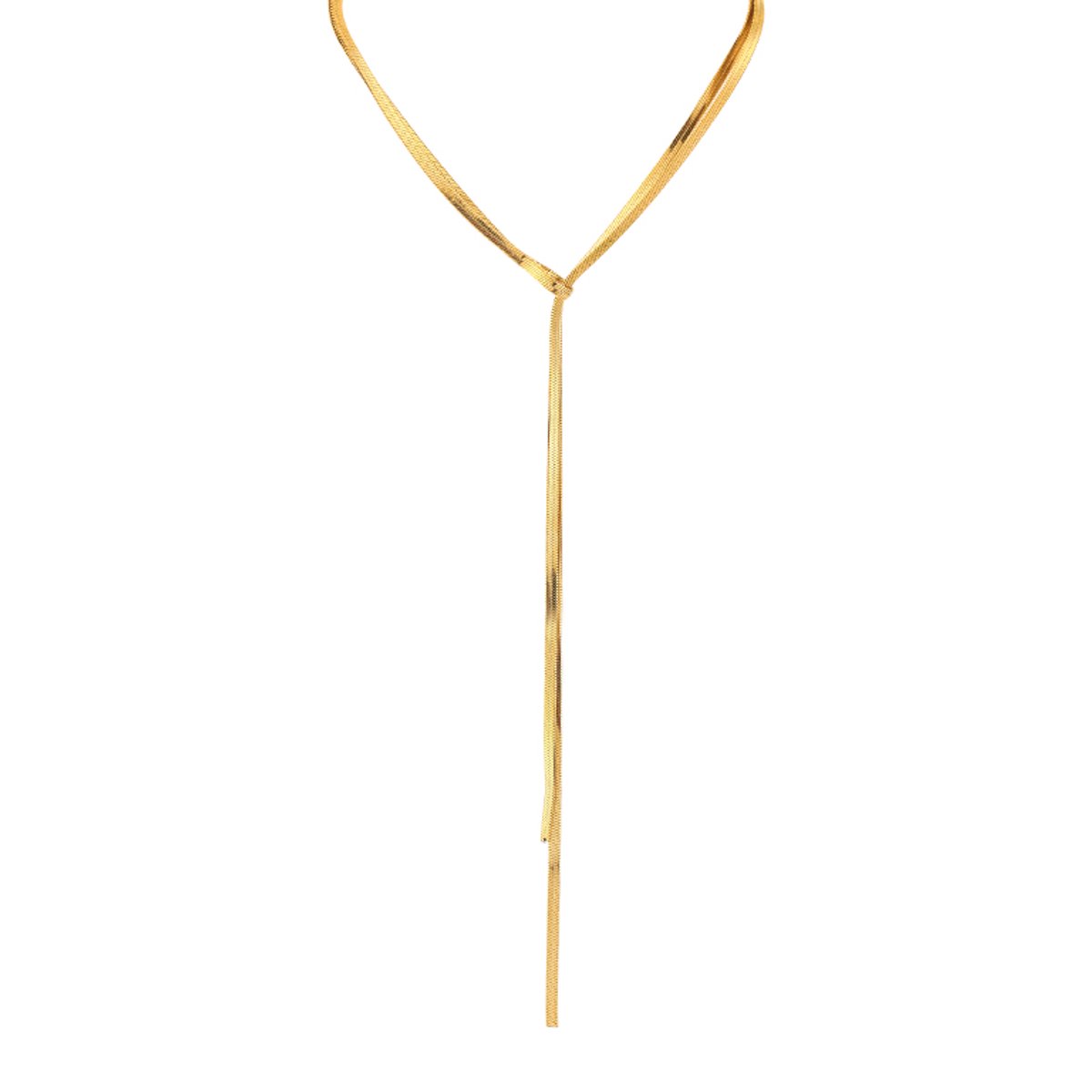 Minimalistische Dames Ketting - Strakke Y-Ketting met Platte Slangenstructuur & Vallende Uiteinden - Goud
