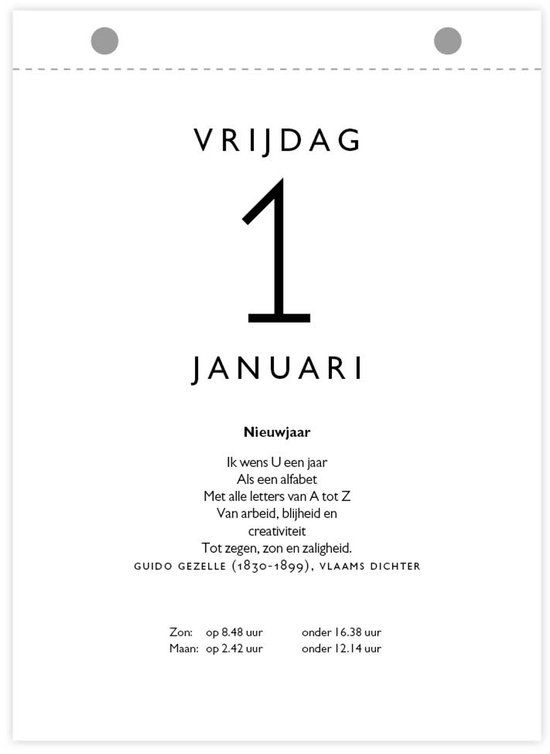 Vrijdag 1 januari, scheurkalenderblad met nieuwjaarsgedicht van Guido Gezelle.