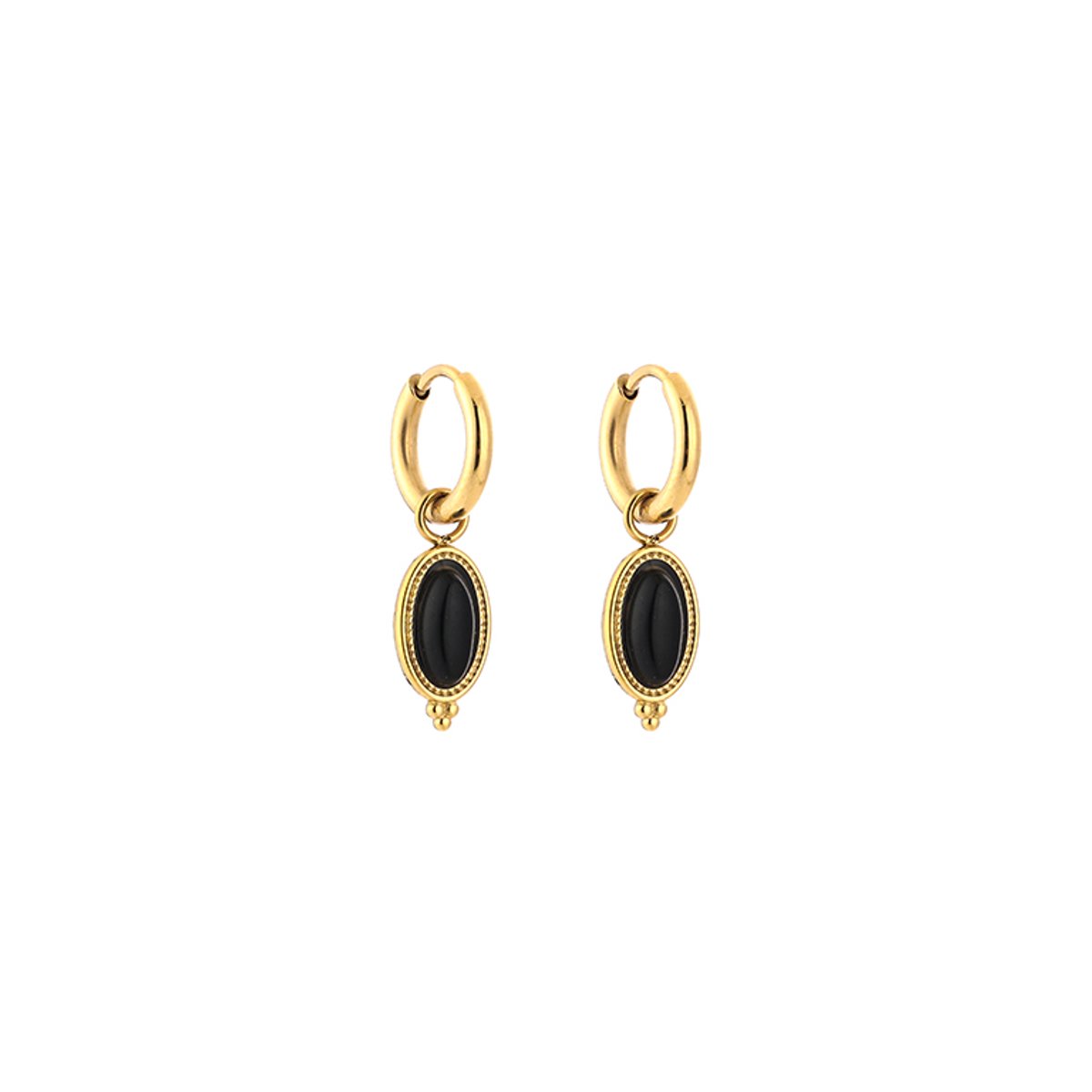 Stainless Steel Boho Oval Natural Stone Charm Hoops – Luxe Boho Natuursteen Oorringen – RVS - Zwart