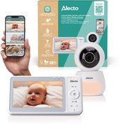 Alecto babyfoon: losse camera met nachtlamp, een 5-inch monitor met videobeeld van een baby en een smartphone met app.