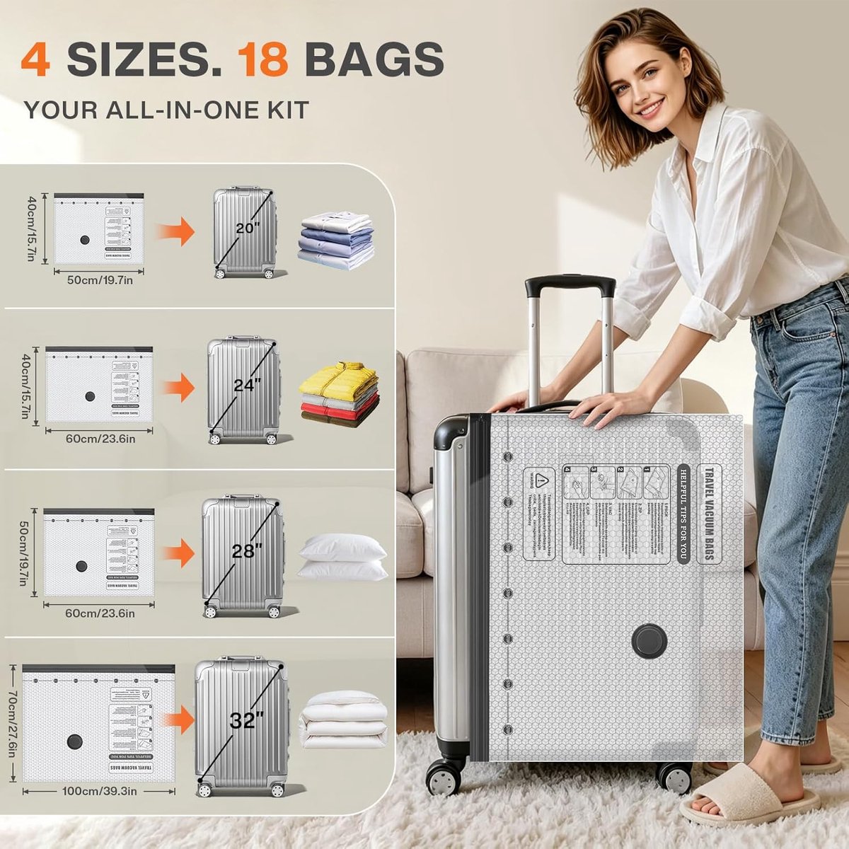 SnelShoppen - 19 Draadloze Draagbare Stofzuigerzakken - Ruimtebesparende Vacuümzakken met 3 Maten (XL/5L/5M/5S) voor Reis en Koffer - Ideaal voor Camp