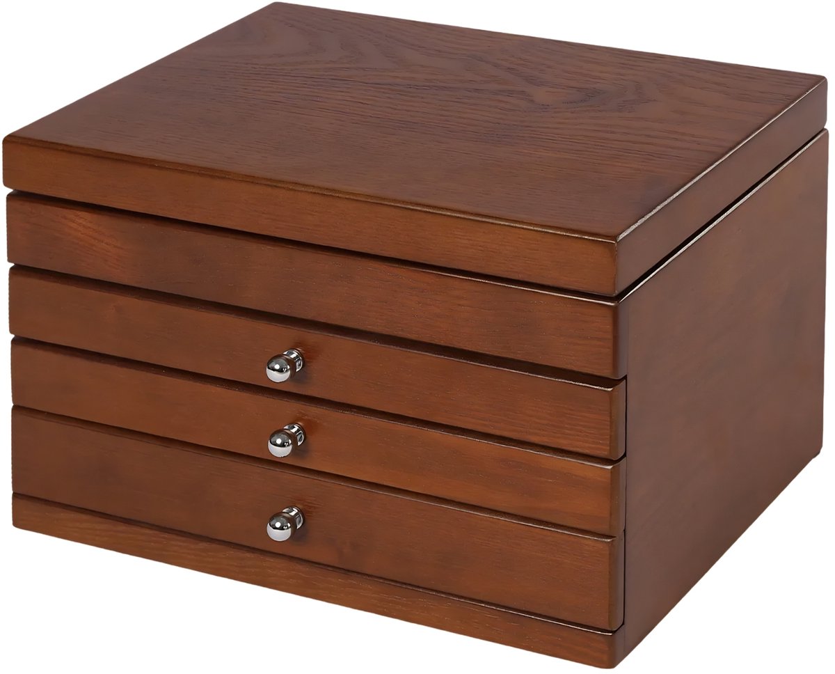 4-Laags Retro Houten Sieradendoos – Opbergbox voor Oorbellen en Kettingen met 3 Uittrekbare Laden en Spiegel voor Slaapkamer – Bruin